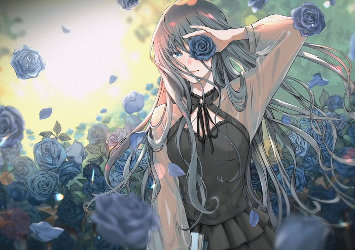 Girl with blue roses