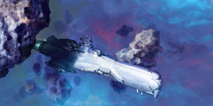 Spaceship traveling through an asteroid field