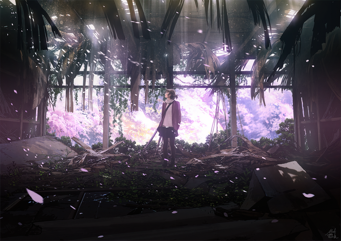Girl standing in a ruined building with pink flowers