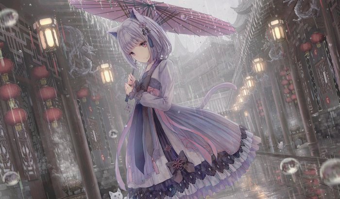 Anime cat girl with umbrella in rainy street