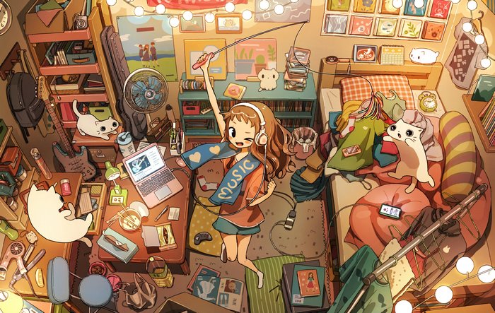 Girl listening to music in a messy room