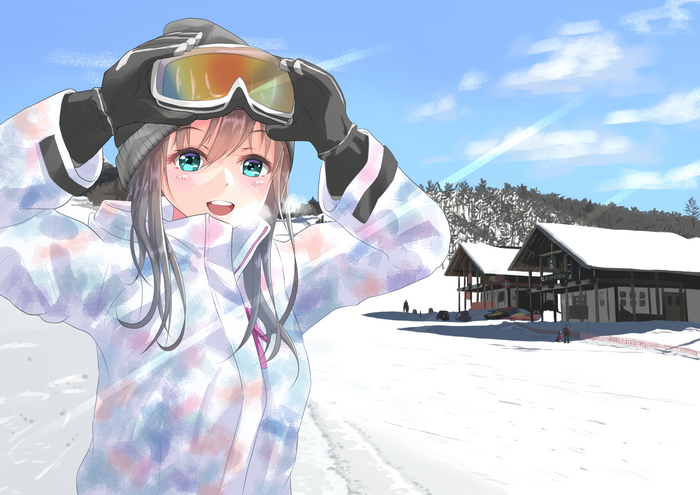 Girl in ski gear adjusting goggles on a snowy day