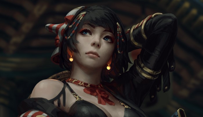 Fantasy Woman Warrior with Red and White Headwear