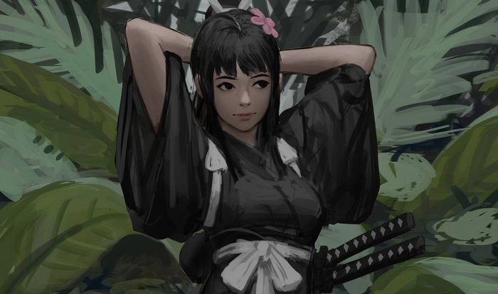 Girl in black kimono with swords