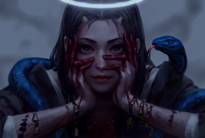 Woman with snake and halo, demon horns, bloody hands