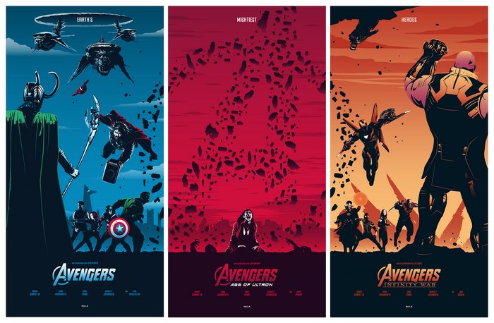 Avengers: Endgame, Avengers: Age of Ultron, and Avengers: Infinity War posters