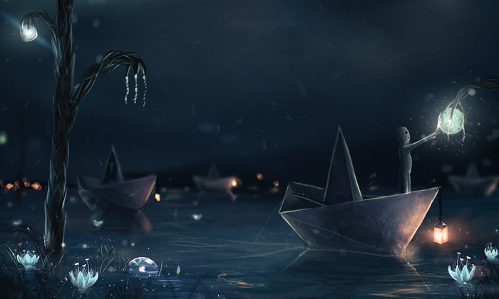Paper boats on water at night with lanterns