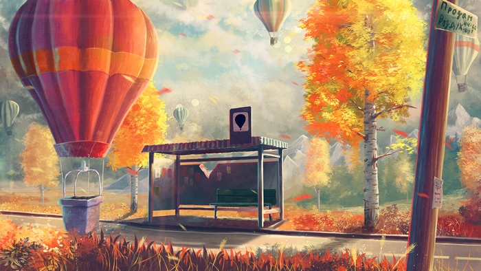 Hot air balloons at a bus stop in autumn