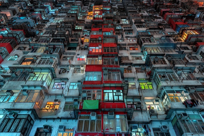 Dense apartment buildings in Hong Kong at night
