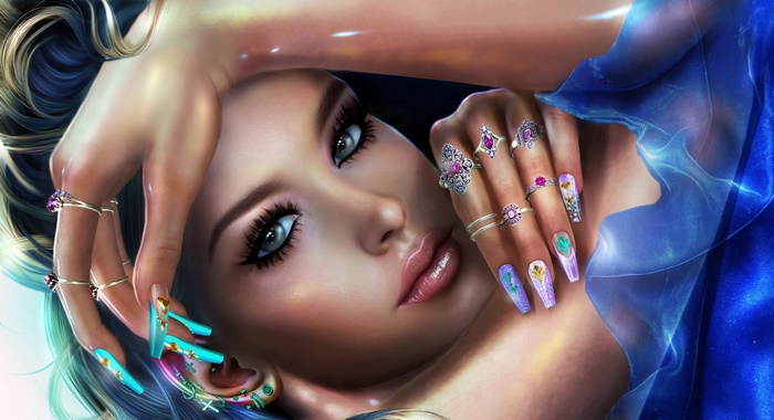Artistic portrait of a woman with elaborate nails and jewelry