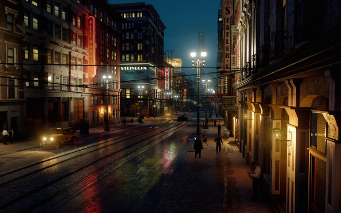 Mafia: Definitive Edition street scene at night