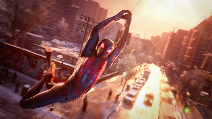 Miles Morales from Marvel Comics swinging through New York