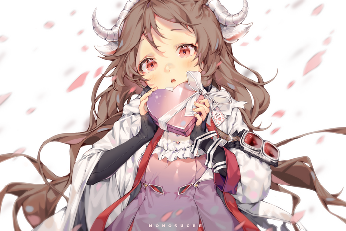 Eyjafjalla from Arknights holding a heart-shaped box