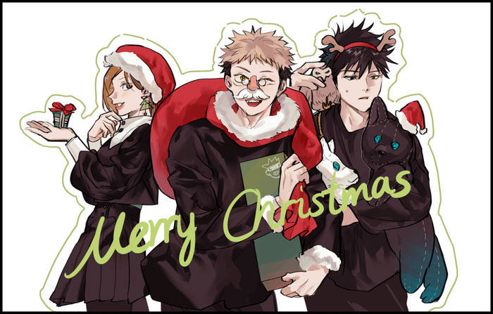Nobara Kugisaki, Yuji Itadori, and Megumi Fushiguro in Christmas outfits