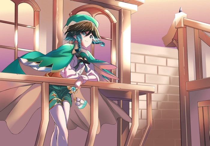 Venti from Genshin Impact on a balcony