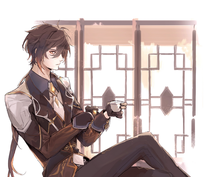 Zhongli from Genshin Impact holding a cup