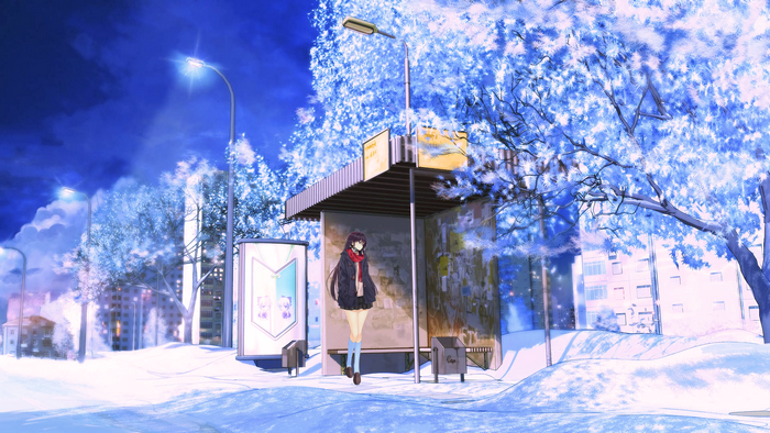 Girl at a bus stop in winter