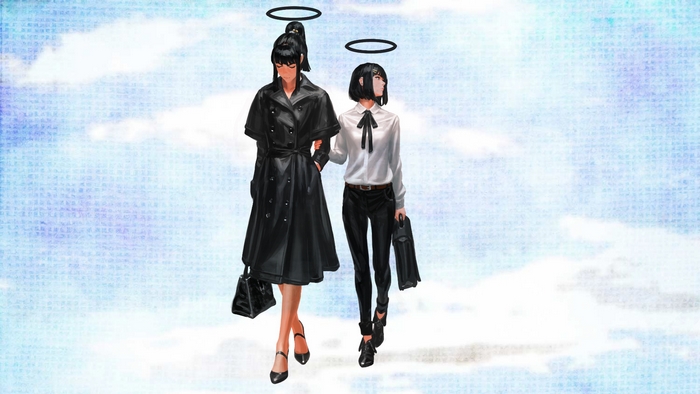 Two women with halos walking in the clouds
