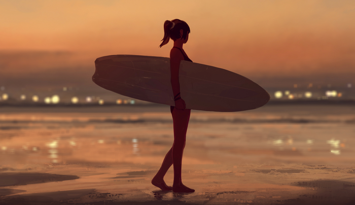 Girl with surfboard on beach at sunset