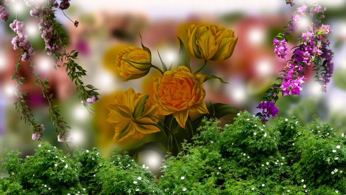 Artistic Yellow and Pink Flowers with Greenery