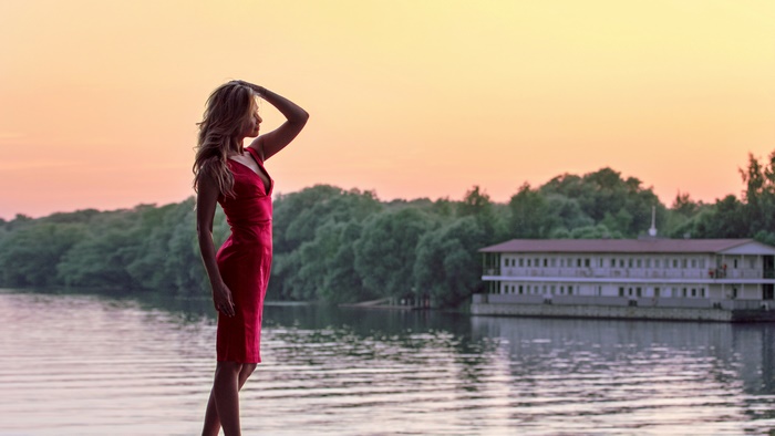 Blonde Model in Red Dress by Water at