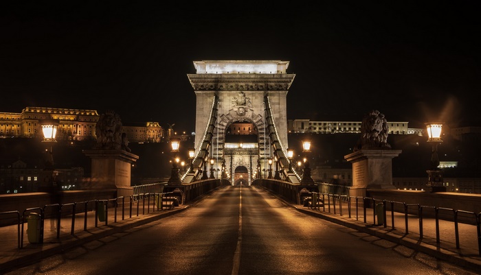Chain Bridge at Night in Budapest, Hungary