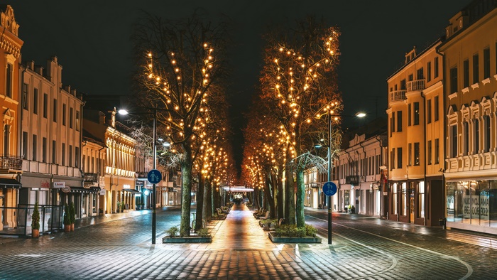 Kaunas, Lithuania street decorated with lights