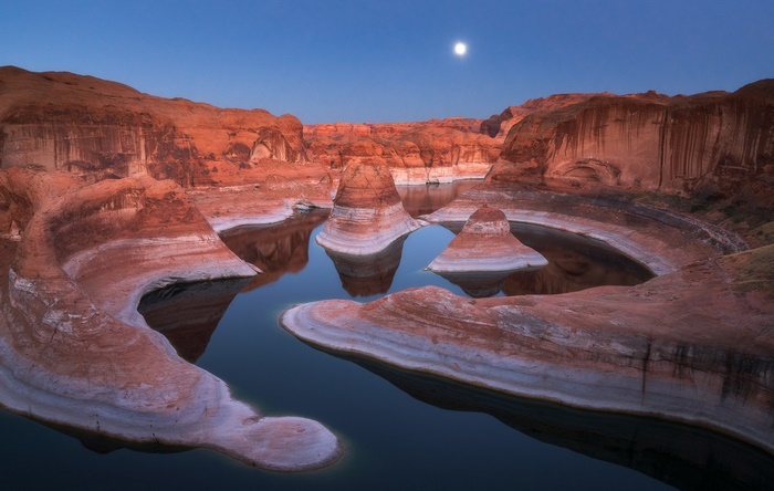 Lake Powell with Moon and Rock Formations
