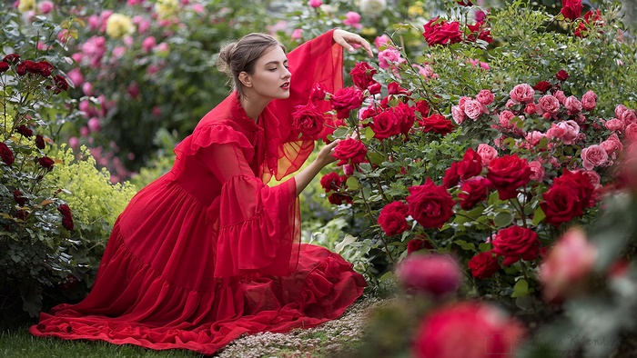Woman in red dress smelling roses in a garden