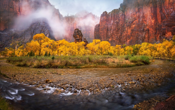 Autumn trees by a river with misty mountains