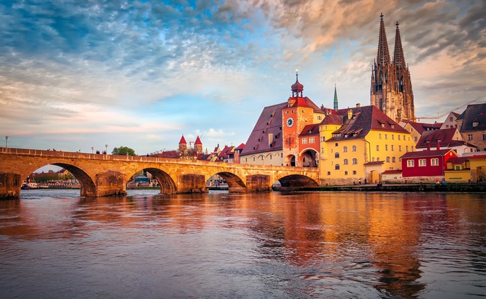 Stone bridge over a river in Regensburg, Germany