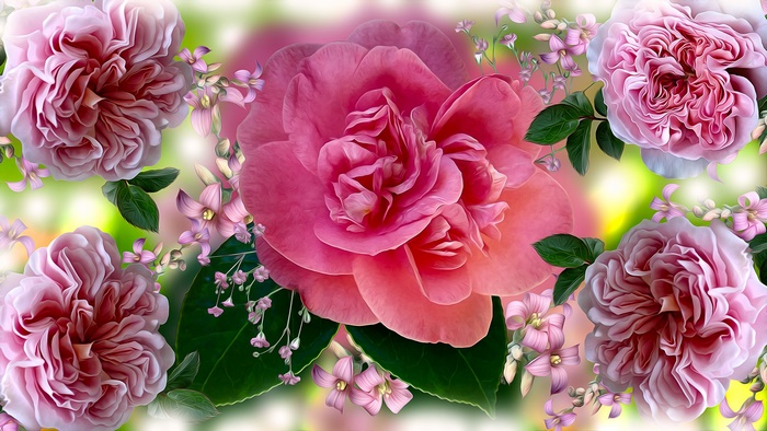 Artistic Pink Roses and Flowers