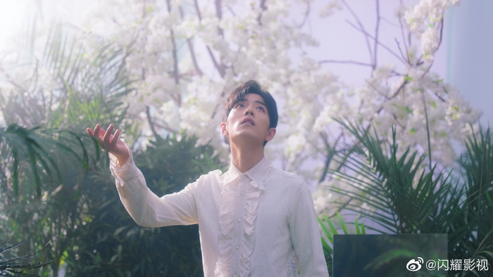 Xiao Zhan in a white ruffled shirt