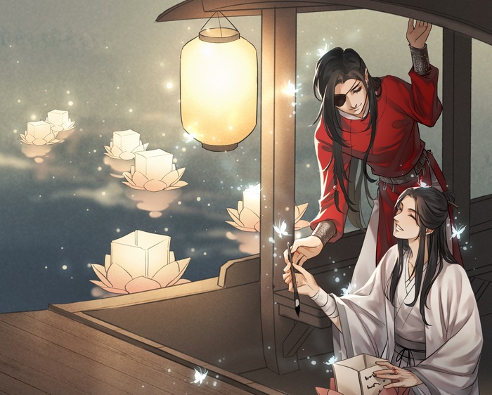 Xie Lian and Hua Cheng from Heaven Official's Blessing on a boat
