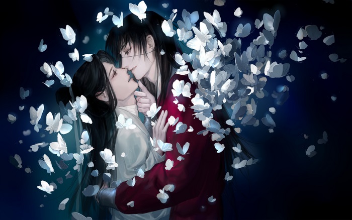 Hua Cheng and Xie Lian embrace surrounded by butterflies