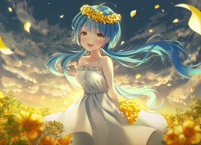 Girl with Aqua Hair and Flower Crown in Field