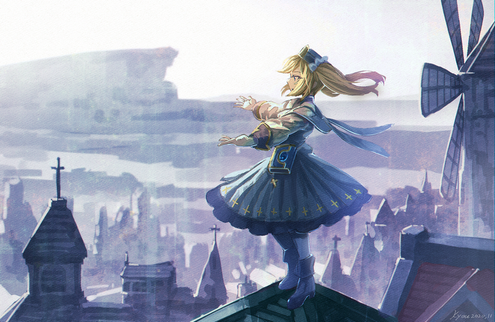 Barbara from Genshin Impact on a rooftop