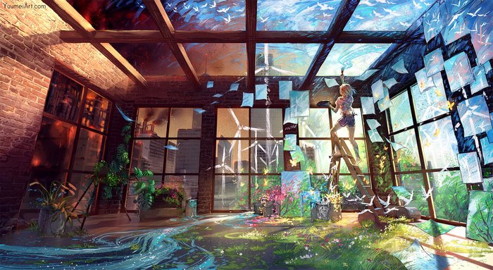Artist painting birds on a glass ceiling in a studio