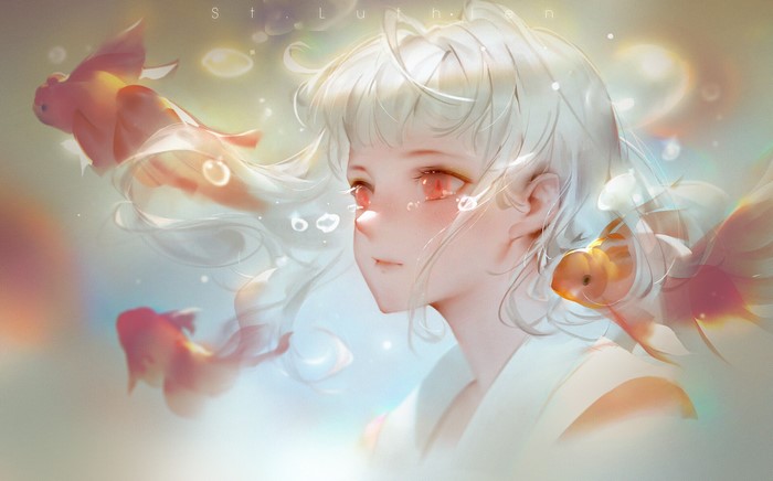 Girl with Goldfish in Dreamlike Water