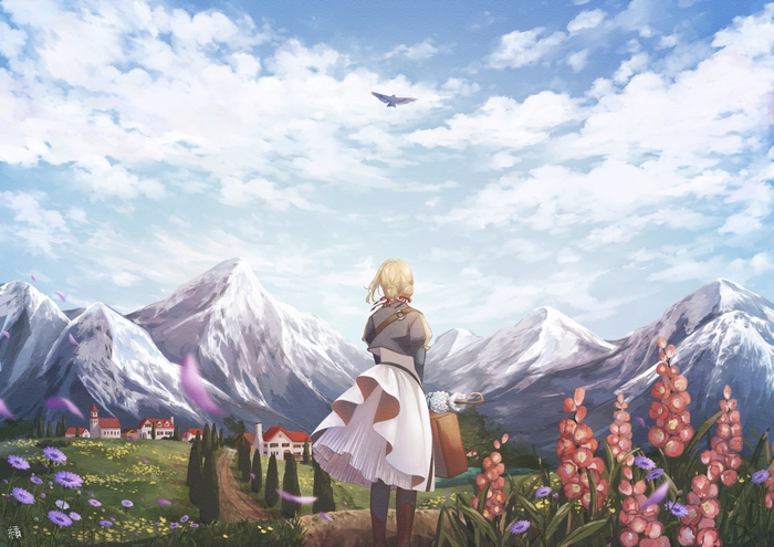 Violet Evergarden in a mountain landscape