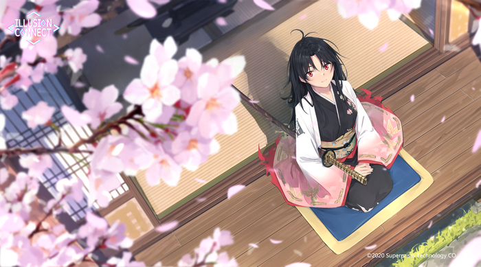 Girl with Black Hair and Katana in Sakura Garden
