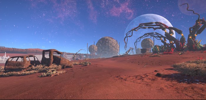 Alien Planet Landscape with Ruined Cars and Giant Moons