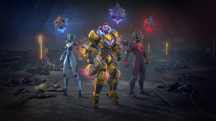Skyforge characters with floating orbs