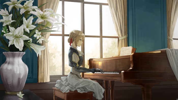 Violet Evergarden playing piano by window