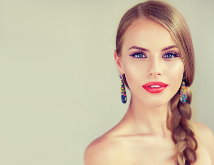 Blonde Model with Braid and Blue Eyes in 4K