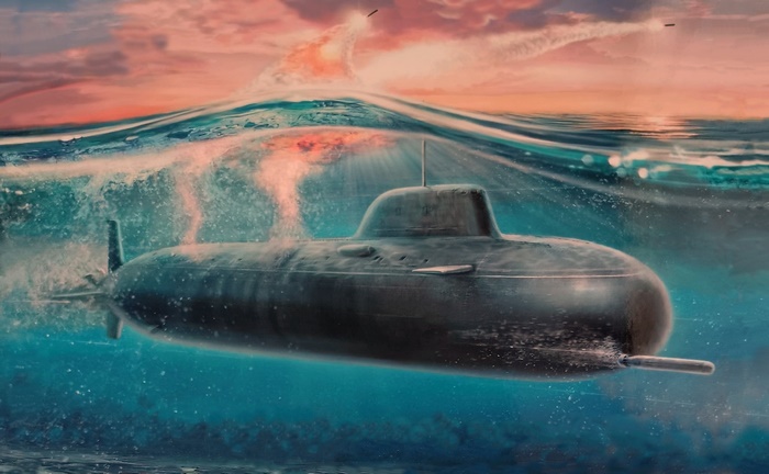 Submarine launching missiles at sunset
