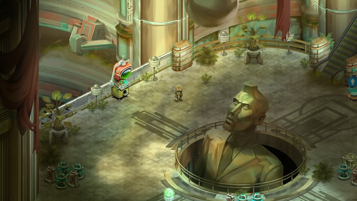 Retro Machina character in a futuristic atrium with a statue