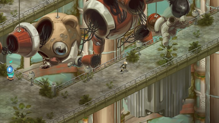 Retro Machina character on a walkway with large robots