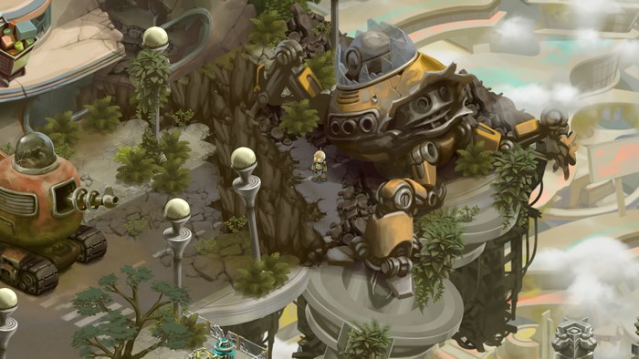 Retro Machina character and giant robot on rocky terrain