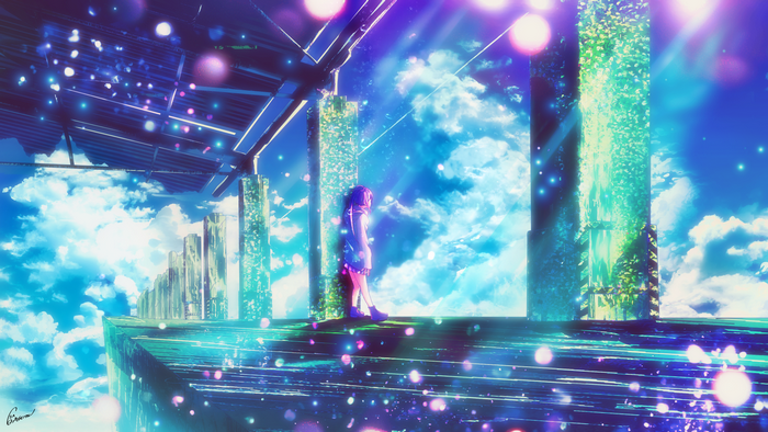 Girl standing on a platform with clouds and lights